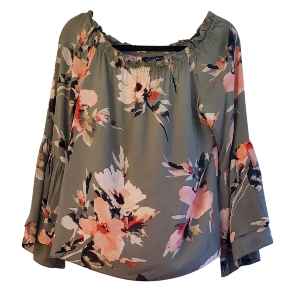 White House Black Market Off Shoulder Sage Floral Long Sleeve Peasant Top Size M